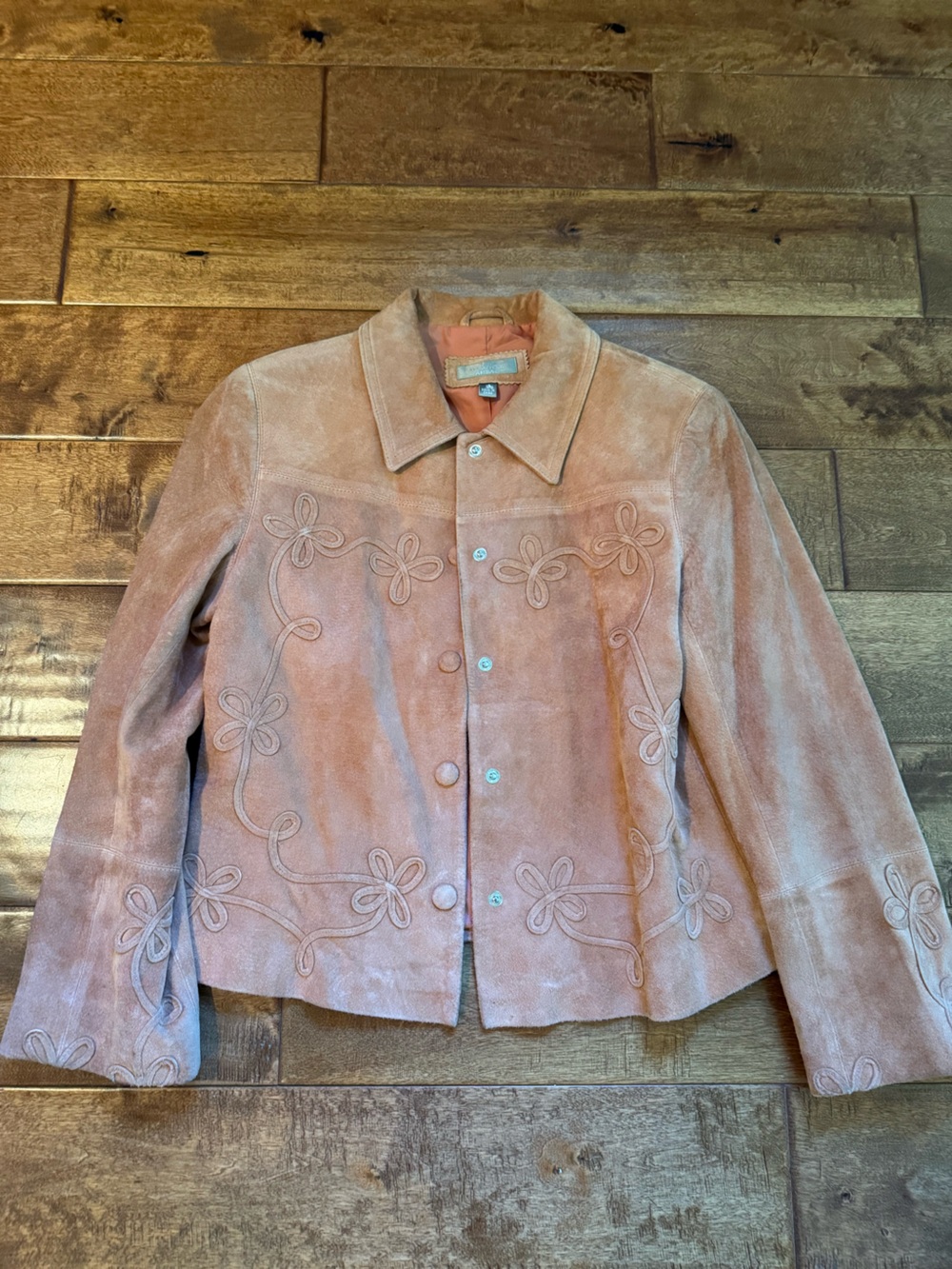 Vintage Dusty Pink Suede Floral-Appliqué Jacket